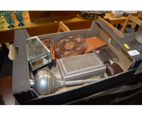 A box of various wooden items; a hip flask; jewellery boxes etc. 