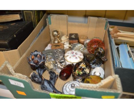 A box of various decorative trinket boxes and ornaments 