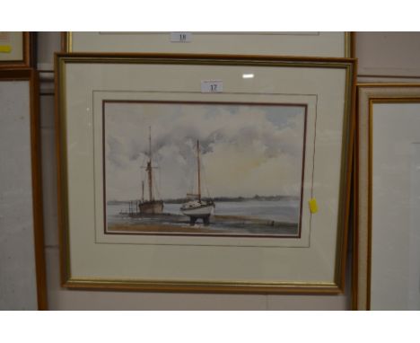 John R Pretty, watercolour study of moored boats signed to bottom left