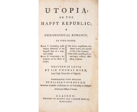 More (Sir Thomas) Utopia: or the Happy Republic; a Philosophical Romance in Two Books, translated by Gilbert Burnet, armorial