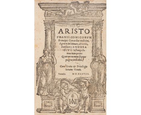 Aristophanes. Aristophanis comicorum principis Comoediae undecim..., translated by Andrea Divo, Latin text, title within wood