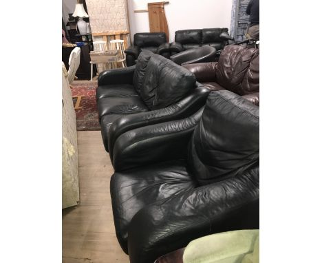 BLACK LEATHER SETTEE, CHAIR & POUFFE