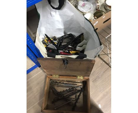 WOODEN FIRST AID BOX OF TOOLS & BAG OF TOOLS