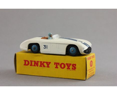 Boxed Dinky 133 Cunningham C-5R Road Racer in white with blue stripes and blue hubs, gd with some paint loss