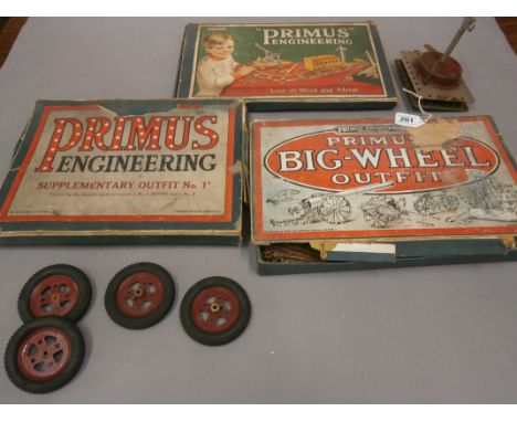Three boxed Primus Engineering Sets to include Big Wheel Outfit, Supplementary Outfit No. 1S &amp; No 1 plus clockwork engine