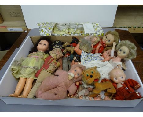 Box of vintage dolls to include; Golly's, Sunny Jim, Clockwork Toy etc and 3 boxes of vintage dolls clothes   