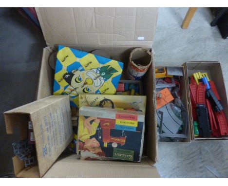 Box of vintage games etc to include; Chad Valley Coits, boxed Vulcan Senior sewing machine, Tinkertoy       