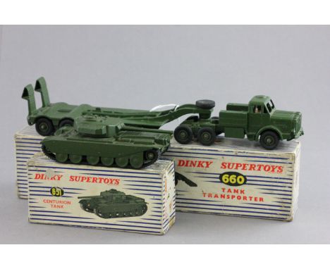 Two boxed Dinky Supertoys military vehicles to include 660 Tank Transporter and 651 Centurion Tank both with 9002 some paint 