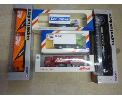 Five boxed diecast commercial vehicles to include; Lion Toys DAF Lorries, Schuco Junior Line 1:87 scale, Corgi Superhaulers 5