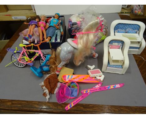 Quantity Circa 1990s Mattel Barbie items to include boxed jaguar xjs, picnic van, jeep also to include clothing , furniture, 