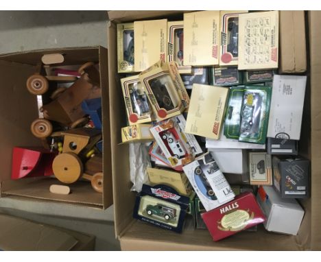 Large box of mixed diecast vehicles to include; Lledo & Corgi plus wooden child's pull along train & collector medallion set 