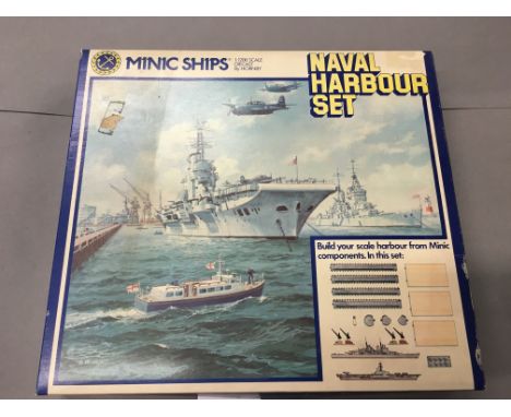 Boxed Minic Ships Naval Harbour Set 1:1200 scale models in good condition for age, box has some wear, tape etc 