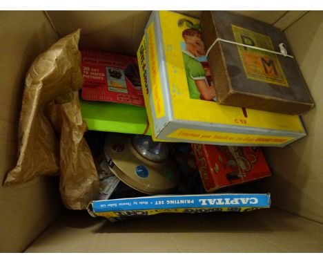 Collection of mixed vintage toys and games to include Chad Valley Give A Show projector, baby grand piano boxed etc