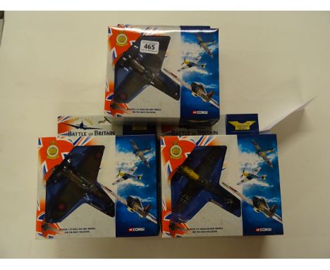 Three boxed Corgi Aviation Archive Battle of Britain 1:72 scale aeroplanes in unused condition 