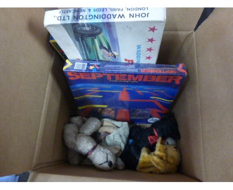 Group of vintage soft toys and games to include Sooty puppet, Dean Rag Book dog, boxed Corinthian Bagatelle, Waddingtons Form