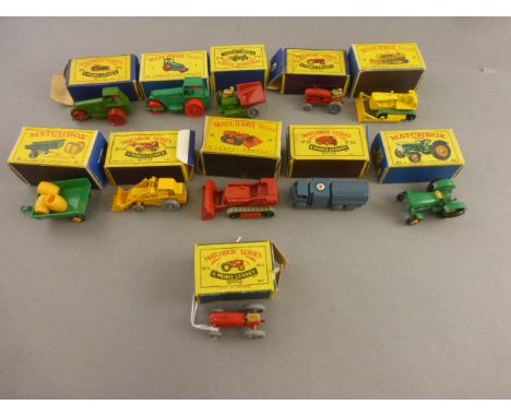 Eleven boxed Matchbox Lesney vehicles to include 1 Diesel Road Roller x 2, 2 Tipper Tractor, 4 Massey Harris x 2, 18 CAT Bull