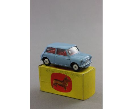 Corgi Morris Minor Mini in powder blue with unmarked Corgi box, red interior, diecast vg, box fair to gd