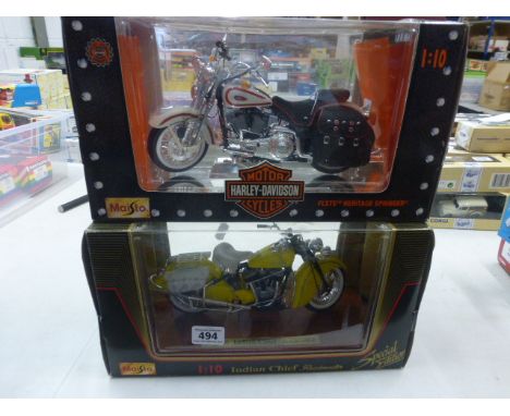 Two boxed Maisto 1:10 scale die-cast motorbikes to include Harley Davidson FLSTS Heritage Springer & Special Edition Indian C