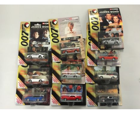Ten carded Corgi James Bond 007 die-cast vehicles to include 99655, 99662, 99658, 99657, 99659, 99651, 99653, 99725, 99652, 9