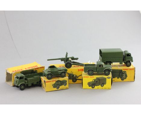 Five Dinky military with boxes to include 692 5.5 Medium Gun, 623 Army Covered Wagon x 2, 641 Army I-Ton Cargo Truck and 673 