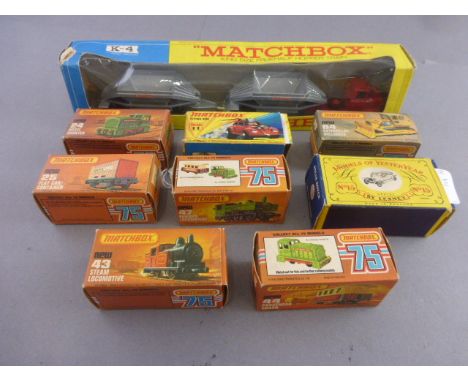 Nine various boxed Matchbox diecast vehicles to include 75 series x 6 (24, 25, 43, 44, 47 & 64), K-4 Fruehauf Hopper Tran, Su