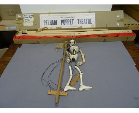 Vintage Pelham Puppet Skeleton figure in as found condition, along with boxed Lightweight Pelham Puppet Theatre 