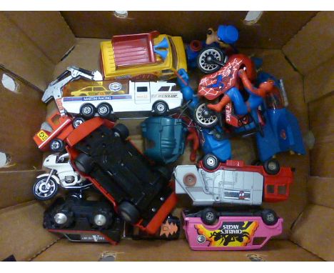 15 Vintage play worn vehicles mainly TV related to include Corgi Spiderman, Superman, Charlies Angels, A-Team etc
