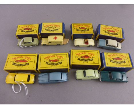 Eight boxed Matchbox Lesney vehicles to include 43 Hillman Minx in light blue with white roof & trunk, 30 Ford Prefect, 66 DS