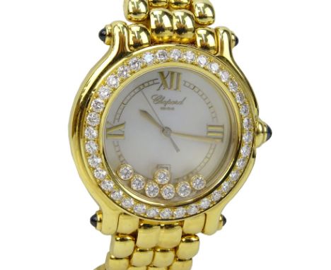 Lady's Chopard 18 Karat Yellow Gold Happy Sport Bracelet Watch with Diamond Bezel, Cabochon Sapphire Accents and Mother of Pe