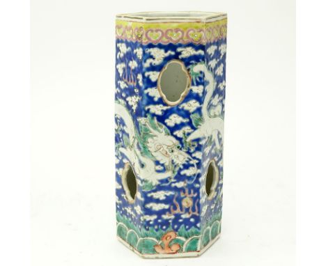 Late 19th or Early 20th Century Chinese Blue Ground "Dragon" Hexagonal Hat Stand. Red character mark on underside. Rubbing to