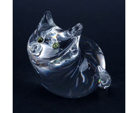 Steuben Crystal Cat Figurine with Green Tourmaline Eyes. Signed. Normal scuffing on underside otherwise good condition. Measu