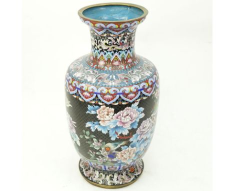 Large 20th Century Chinese Cloisonné Vase. Chrysanthemum and phoenix motif on black ground with multi color decoration. Rubbi