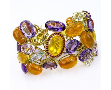 Estate Approx. 285.0 Carat Opal, Aquamarine, Kunzite, Ruby, Amethyst, Citrine and 18 Karat Yellow Gold Wide Bracelet. Good qu