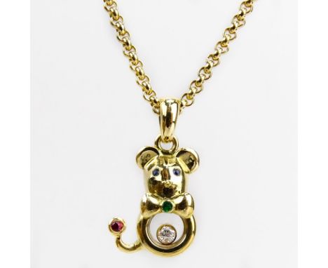 Vintage Chopard Happy Diamond and Multi Gemstone 18 Karat Yellow Gold Mouse Pendant Necklace. Diamond G color, VS1 clarity. S