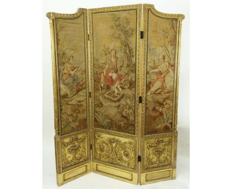 19th Century French Three (3) Panel Aubusson Tapestry Screen. Set in gold painted wood. Unsigned. Wear, losses. Measures 74-1