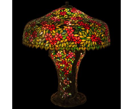 Large Tiffany Style "Cherry Blossom" Stained Glass Lamp with Oversize Shade. Foliage relief intertwined on baluster form base