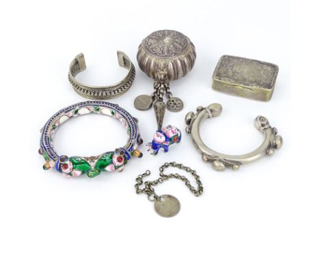 Seven (7) Piece Silver Lot Including: Enamel Bangle Bracelet with Elephant Heads and 'jewels'; Enamel Elephant Pendant; Two (