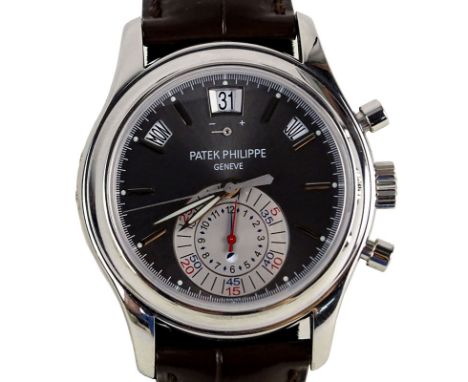 Man's Patek Philippe Platinum Annual Calendar Chronograph with Crocodile Strap and Platinum Deployment Buckle Ref. #5960P-001