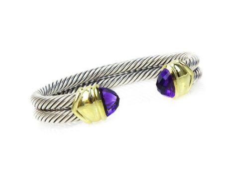 Vintage David Yurman Sterling Silver, 14 Karat Yellow Gold and Amethyst Double Band Cable Cuff Bangle. Signed D.Y 585 925. Ve