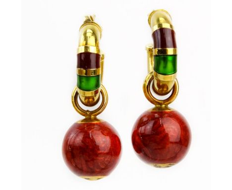 Yellow Gold and Enamel Hoop Earrings with Detachable Ball Pendant. Hallmarked. Good condition. Measure with pendants 1-3/8" L