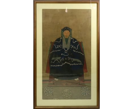19th Century Chinese School "Ancestor Portrait" Gouache Painting on Paper. Toning and foxing. Measures 42" H x 22" W (sight),