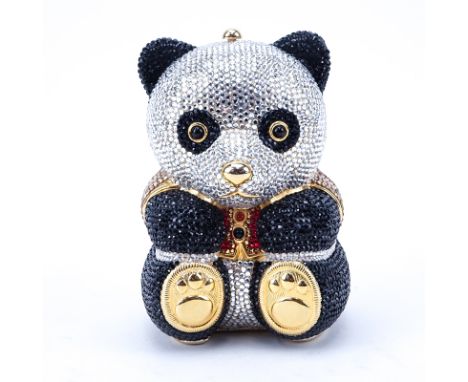 Judith Leiber Panda Crystal Pave Minaudiere. Gold interior. Comb with tassel included. Rolo chain. Signed appropriately. A fe