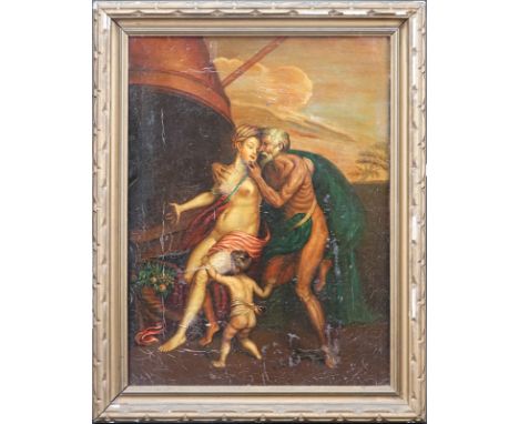 19/20th Century Old Master Style Allegorical Oil On Canvas. Unsigned. Old restoration, craquelure, losses. Measures 16" x 12"