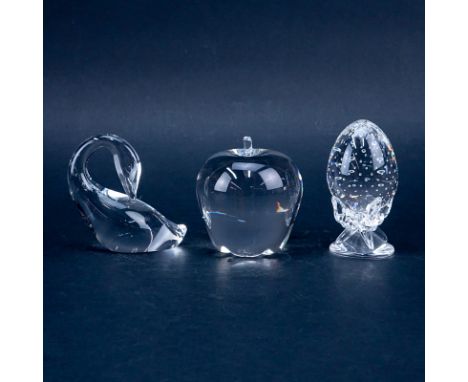 Collection of Three (3) Steuben Crystal Figurines. Includes: apple paperweight, preening goose, and ornamental egg. Signed ap