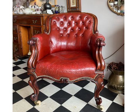 ANTIQUE FURNITURE - VICTORIAN SCROLL CARVED MAHOGANY BUTTON BACK LEATHER ARMCHAIR&nbsp;
A most handsome Victorian Scroll Carv