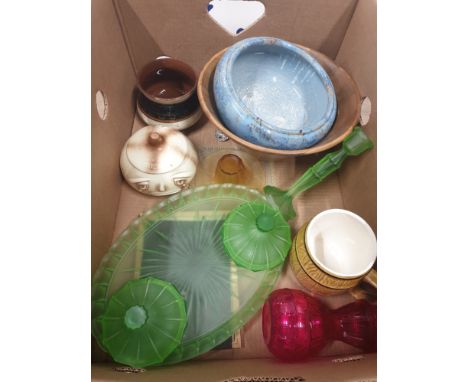 A BOX OF MISCELLANEOUS ITEMS TO INCLUDE GREEN ART DECO DRESSING TABLE SET SLYVAC ETC