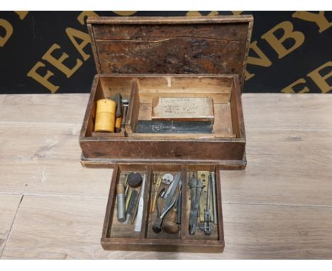 WATCHMAKERS TOOLS PUNCHES TWEEZERS FILES IN FITTED OUT SMALL VINIAGE OR ANTIQUE CHEST WITH LIFT OFF LID