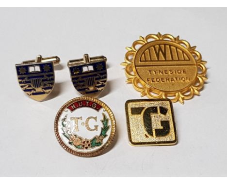 3 UNION BADGES AND PAIR OF CRESTED ENAMEL CUFFLINKS