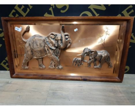 COPPER RELIEF PICTURE BY ART METALIQUE 31.5 X 16.5 OF ELEPHANTS