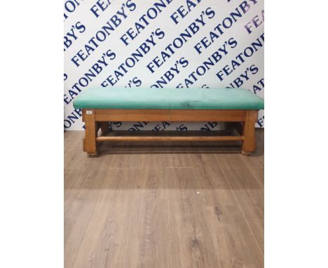 VINTAGE GYMNAST BENCH WITH GREEN CUSHION TO TOP